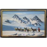 Tum A. Llamas being herded in the snow of Bolivia Oil painting, 23cm x 28cm