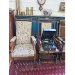 A late Victorian beech armchair, with turned supports and legs, and an American rocking chair To