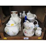 A Coalport copy of a Caughley mask head jug, 19cm high, a Royal Copenhagen chamberstick, various