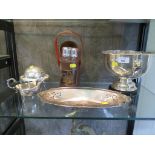 A silver plated rose bowl, a leather case for three spirit flasks, a sauce boat, etc