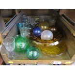 Coloured glass decorative balls, drinking glasses and pressed glass