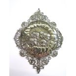 A silver plaque, having a pierced border within a solid centre showing Reynolds' Angels,