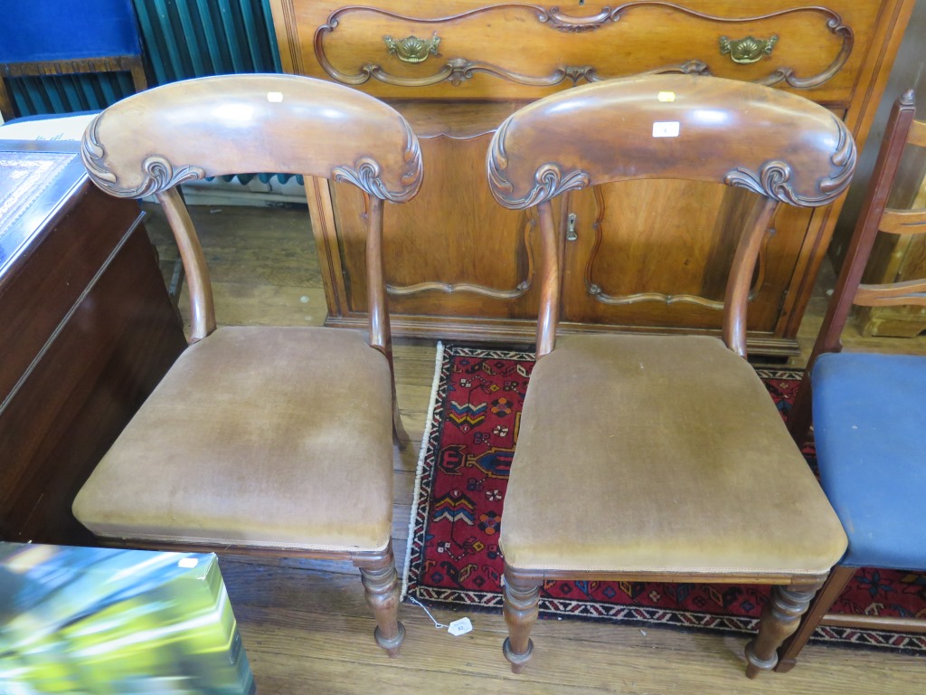 A pair of William IV mahogany dining chairs, the scroll carved broad top rails above stuffover seats