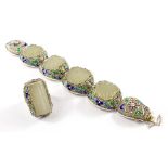 A Chinese silver and enamel bracelet and matching ring set with jade plaques