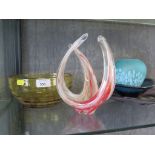 Three coloured glassware elongated dishes and other glassware