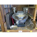 A collection of silver plate to include candelabra, swing handle, basket, tray, etc