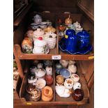 Two trays of pottery and porcelain mustard pots