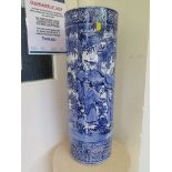 A Chinese blue and white cylindrical umbrella stand depicting figures, as found 62cm high