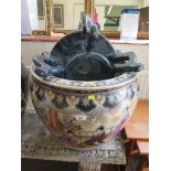 A large Japanese ceramic fish bowl or jardiniere depicting ladies at leisure on a balcony 55cm