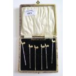 Six silver 'cock' cocktail sticks, boxed