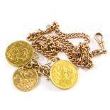 A 9 carat rose gold chain having a 1906 and 1905 sovereign and a 1912 half sovereign attached