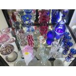 Five toadstool form glass paperweights, a blue glass liqueur set and other glassware