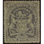 Postage Stamp: Rhodesia British South Africa Company Ten Pounds stamp in lilac, 1898 - 1908