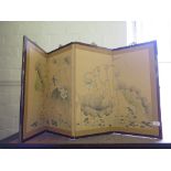 A Chinese four fold table screen depicting lotus flowers and birds, 120cm x 60cm