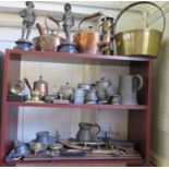 A brass jam pan, 28cm diameter, two copper kettles, and various other brass and pewter wares