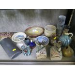 A small collection of studio type pottery, mostly vases and bowls in stoneware