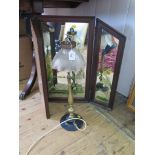 An Edwardian brass table lamp, converted from gas, 50cm , and a painted triptych mirror