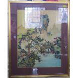 A pair of Japanese paintings on silk, both of mountainous scenes with figures 40cm x 30cm