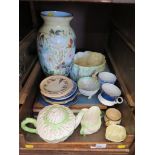 A Belleek three piece tea service of shell form, some damage, various other teawares, vases, clock