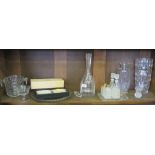 A glass mallet shape decanter, glass vases, ashtrays and other glassware and a Royal Selangar pewter