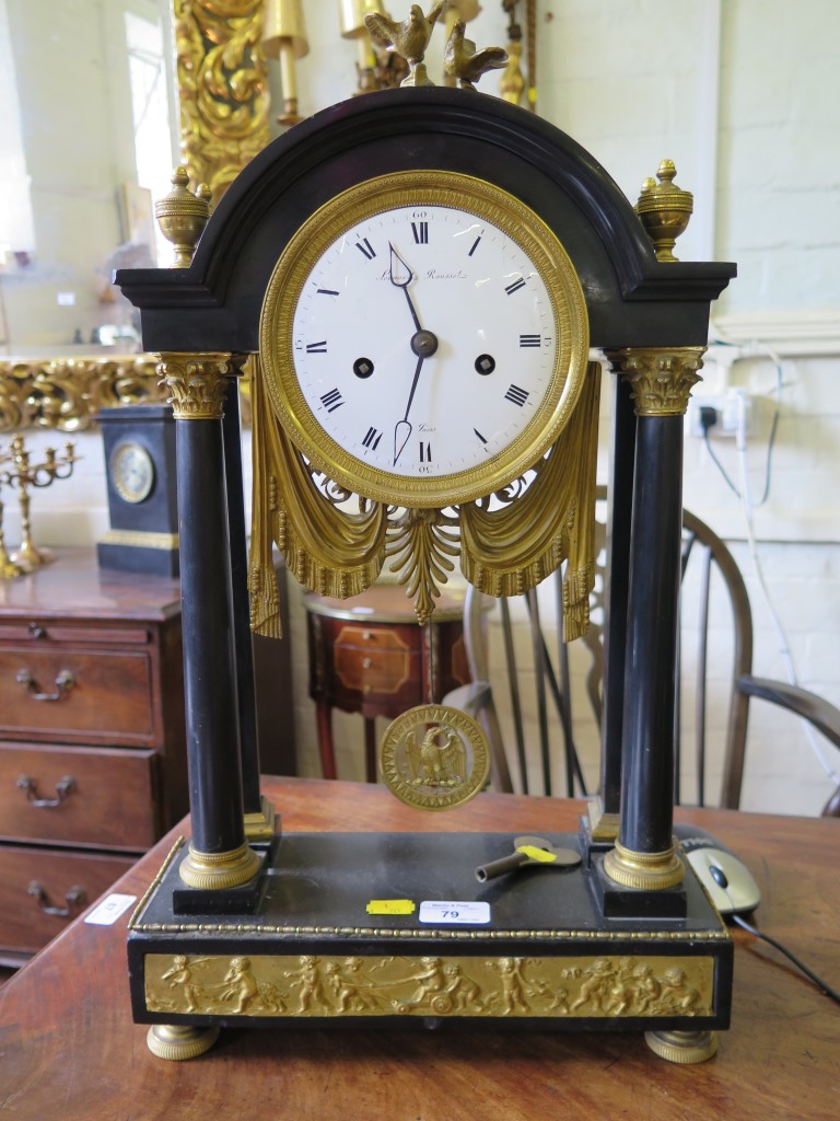 A French 19th century slate and ormolu mounted mantel clock, the dial inscribed Leonard Roussel a