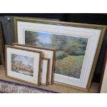 Three prints of French Chateaux and a limited edition lithograph of figures on a bridge (4)