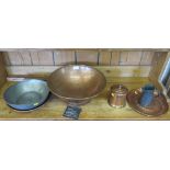 Two copper bowls and a plate, a copper and brass tin, a pewter bowl and a Liberty & Co Arts and