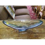A Whitefriars blue glass boat shape dish, designed by Geoffrey Baxter 41cm wide