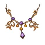 An Edwardian necklace, set with amethyst, seed pearls and citrine