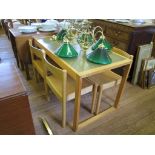 A 1970s ash table with green linoleum top and four dining chairs 121cm x 65cm