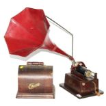 A red Edison Gem phonograph, model D serial number 349557, with combination model K reproducer and