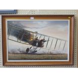 Chris Golds World War I bi-plane in flames Oil on canvas Signed and dated '79 50cm x 76cm