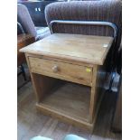 A small oak bookcase with glazed doors 47cm wide, a pine bedside unit with single drawer 51cm wide