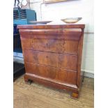 A 19th century Beidermeier flame mahogany chest of drawers, the moulded top drawer over three