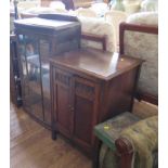 An oak bowfront display cabinet, with single door, 59cm wide and a twin door cupboard (2)