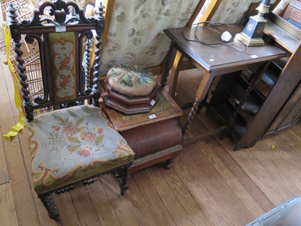 A Victorian barley twist and beadwork nursing chair, a beadwork octagonal footstool, commode, barley