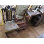 A Victorian barley twist and beadwork nursing chair, a beadwork octagonal footstool, commode, barley