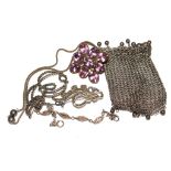 A bag of mixed jewellery to include a Victorian mesh purse