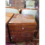 A pair of Art Deco style walnut bedside cabinets, the shaped fronts with frieze drawer and