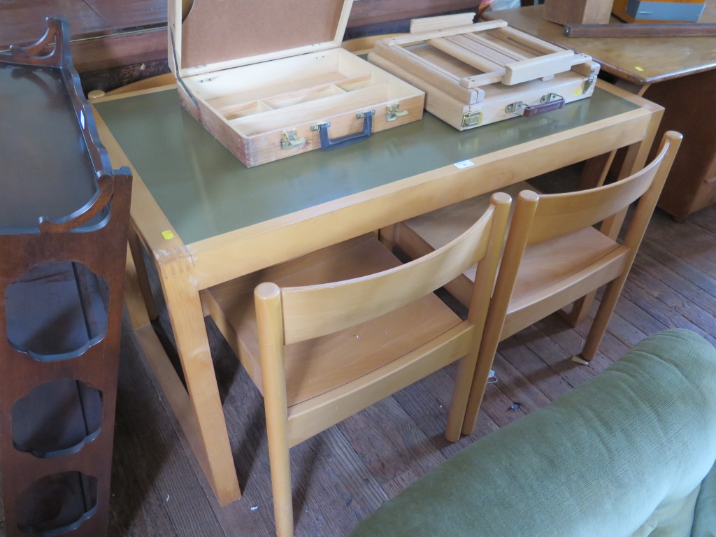 A 1970s ash table with green linoleum top and four dining chairs 121cm x 65cm