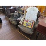 A pair of late Victorian burr walnut and walnut button back armchairs, with carved chevron banded