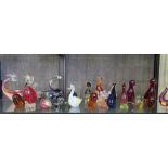 Various glass figures of birds, including Mdina glass and others