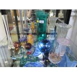 Two glass spill vases, paperweight, hand blown globes and other glass vases