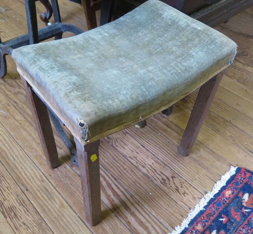 An oak and green velvet upholstered Coronation stool for George VI; with metal attachments under the