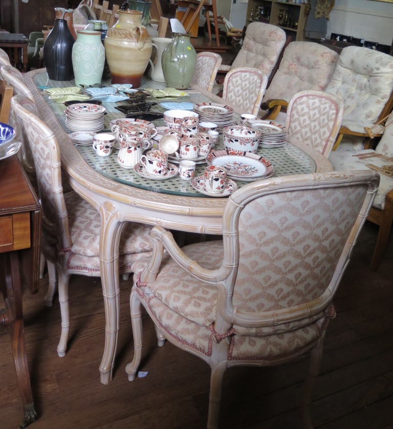 A limed bamboo effect dining room suite, comprising dining table, with caned and glazed top 220cm - Image 2 of 2