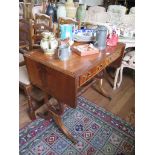 A reproduction mahogany sofa table, with two frieze drawers, and lyre supports, 143cm open, 54cm