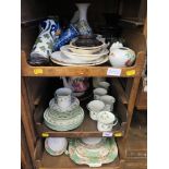 Six Aynsley green scale and floral plates, two serving dishes similar, a rose and green ribbon