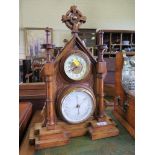 A Victorian oak framed table top compendium of Ecclesiastical form, with time piece, aneroid