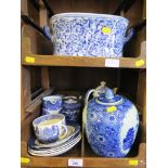 Various blue and white teawares, plates, jardiniere and ginger jar (two trays)