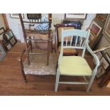 A William Morris style Sussex type chair, lacks rush seat, and two other cane back chairs (3)